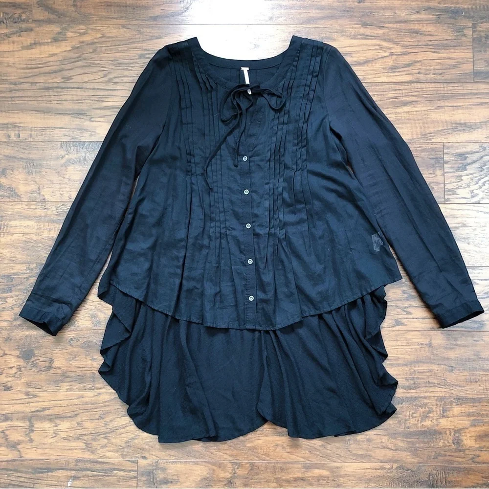 Free People • Sisters of the Moon blouse sheer black batiste high low pintuck